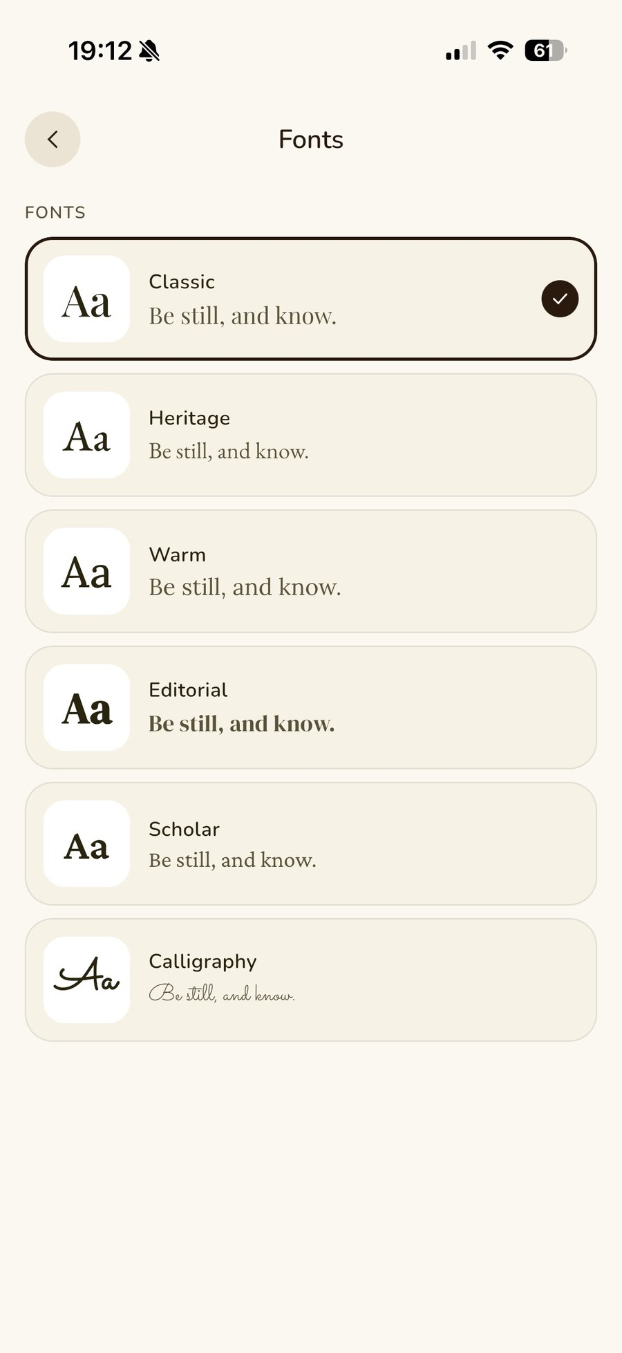 Aglow app — font and reading settings