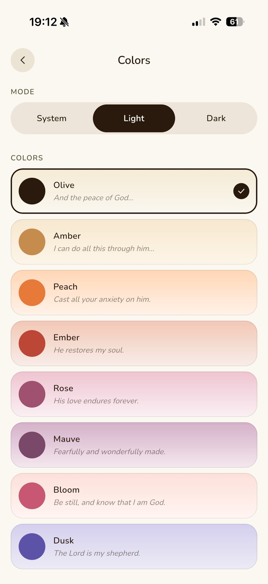Aglow app — theme picker with colour options